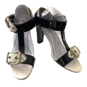 Spiegal Black White VTG Heel SZ 11 Women Open Toe Buckle Strap‎ Casual Coquette